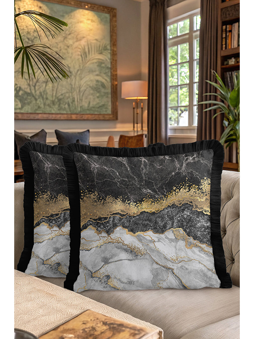 Karışık Lüks Mermer Desen Saçaklı Yastık Kılıfı - Asil Modern Siyah Gri Altın Renkli Püsküllü Kırlent Kılıfı-7