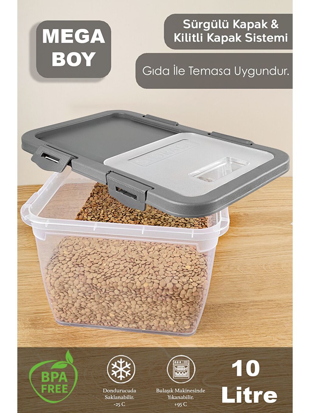 3'lü Kayar Kapaklı Bakliyat Saklama Kabı Gri 10 lt-2