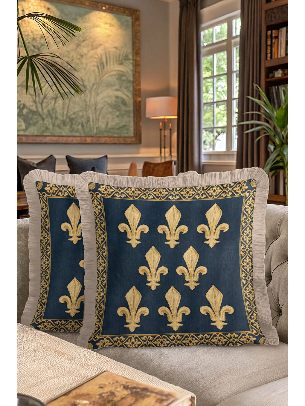 Karışık Saray Motifli Saçaklı Yastık Kılıfı - Fransız Esintili Klasik Lacivert Altın Püsküllü Kırlent Kılıfı-7