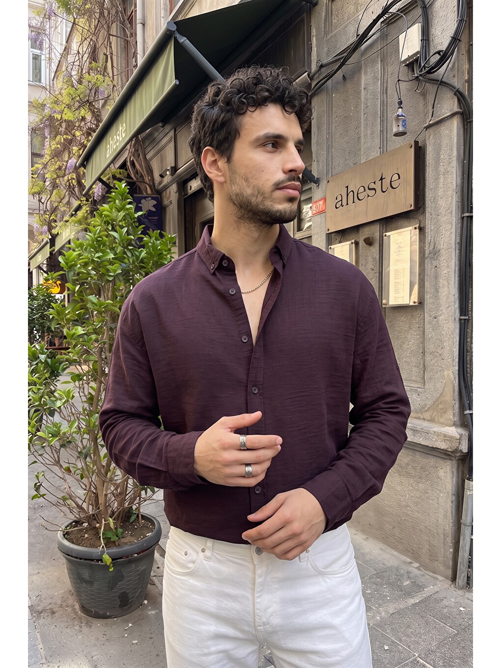Mürdüm Napas Erkek Oversize Keten Görünümlü Gömlek-1
