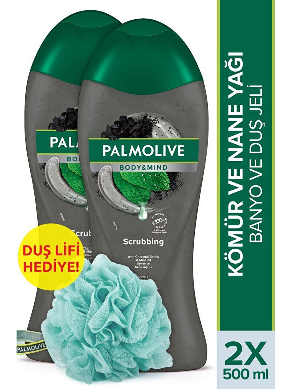 Palmolive Siyah Body & Mind Kömür ve Nane Yağı Banyo Ve Duş Jeli 500 ml x 2 Adet + Duş Lifi Hediye