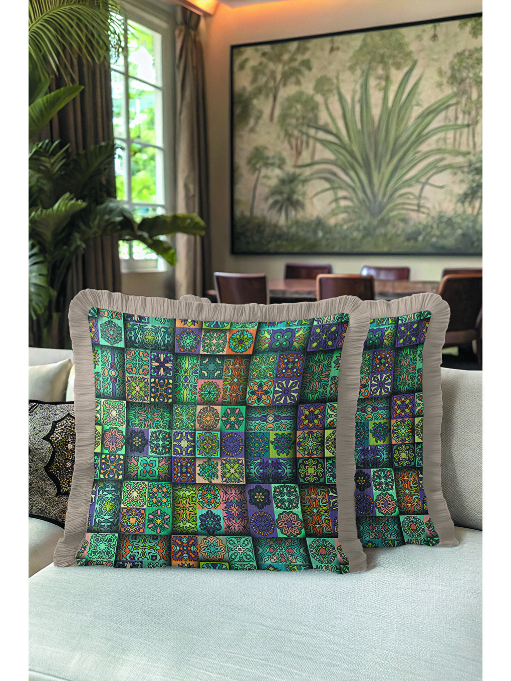 Karışık Etnik Motifli Saçaklı Yastık Kılıfı - Mozaik Bohem Yeşil Mavi Gri Püsküllü Kırlent Kılıfı-5