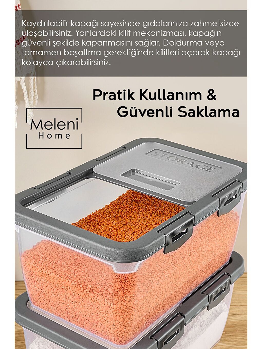 3'lü Kayar Kapaklı Bakliyat Saklama Kabı Gri 10 lt-4