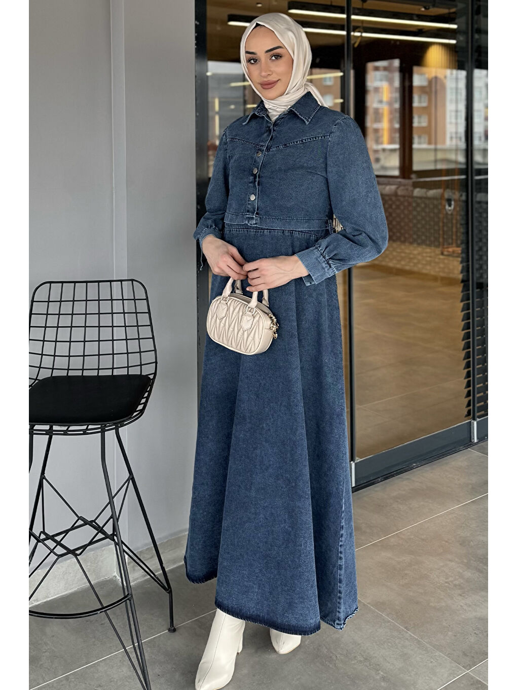 Mavi Bel Bağlama Jean Elbise Ceket Tesettür İkili Takım-1