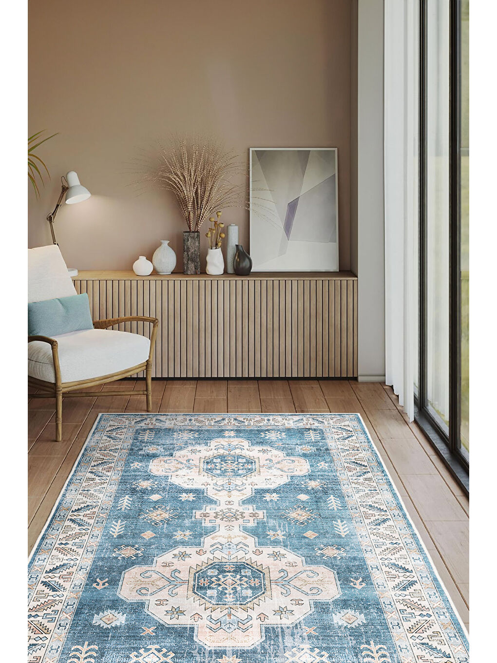 Mavi Dekoratif Özel Tasarım Yıkanabilir İnce Kaymaz Tabanlı Modern Halı KECE FR37-2