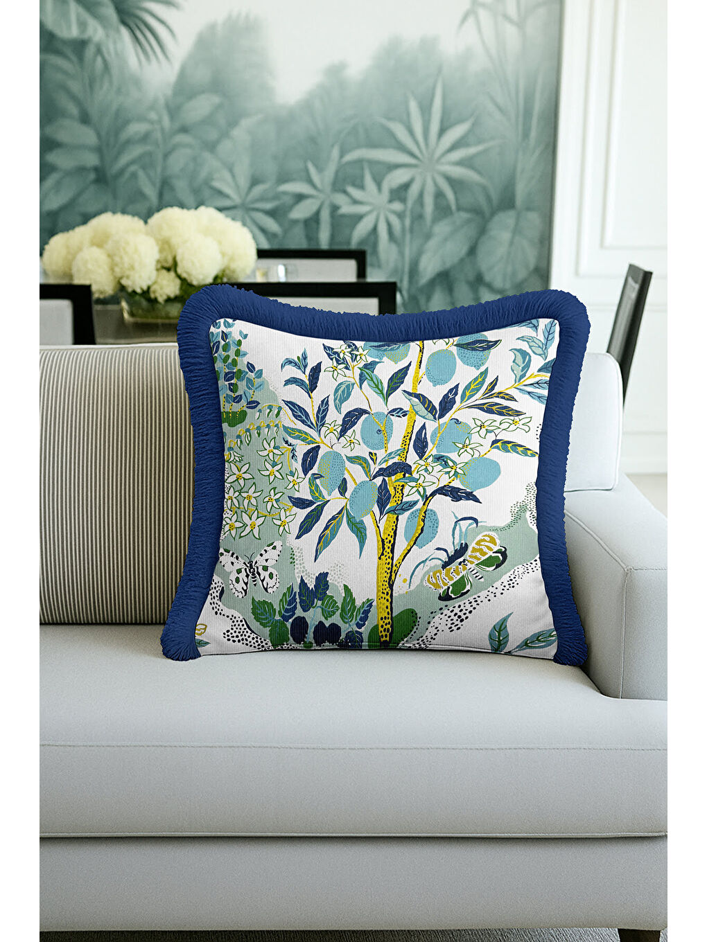 Karışık Botanik Orman Saçaklı Yastık Kılıfı - Doğal Bahçe Tropikal Bohem Mavi Sarı Püsküllü Kırlent Kılıfı-2