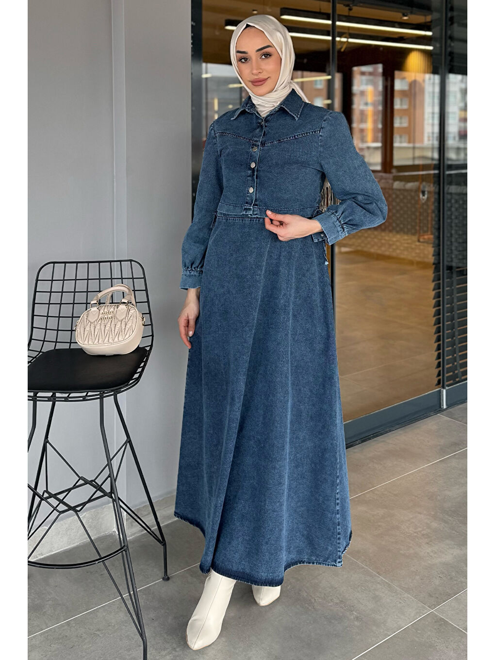 Mavi Bel Bağlama Jean Elbise Ceket Tesettür İkili Takım-3