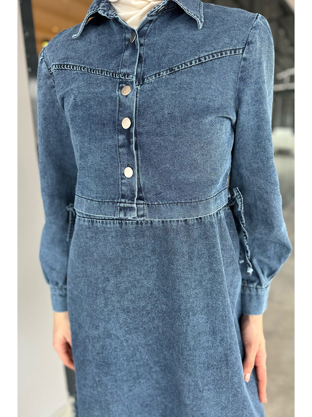 Mavi Bel Bağlama Jean Elbise Ceket Tesettür İkili Takım-4