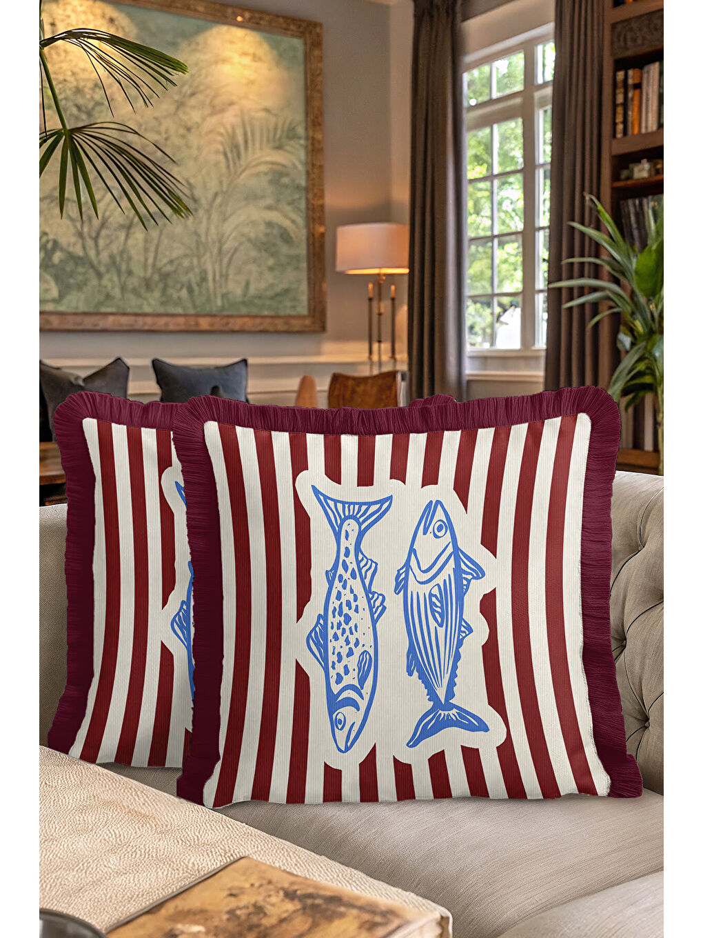 Karışık Marin Çizgili Saçaklı Yastık Kılıfı - Retro Deniz Temalı Mavi Bordo Püsküllü Kırlent Kılıfı-7