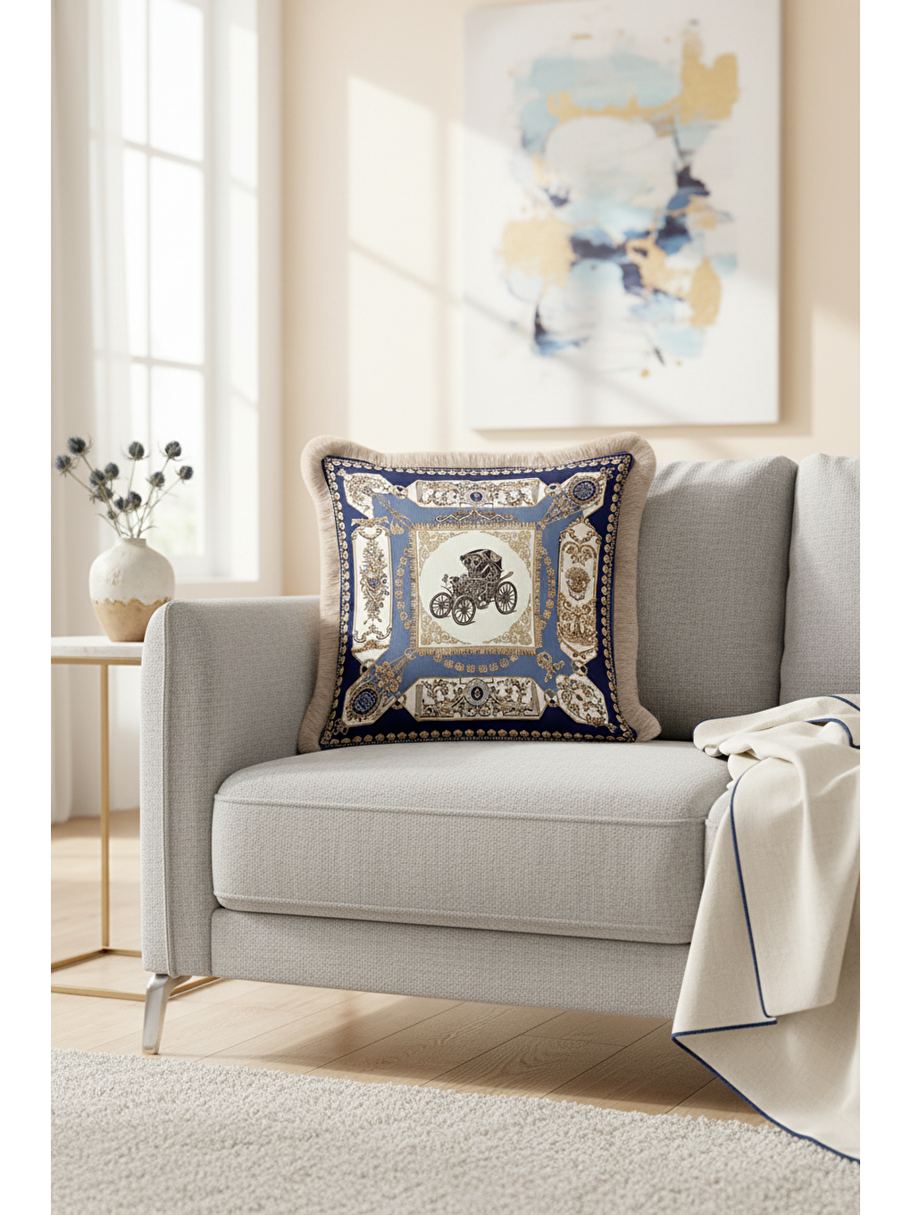 Karışık Barok Lüks Saçaklı Yastık Kılıfı - Vintage Arabalı Klasik Etnik Lacivert Püsküllü Kırlent Kılıfı