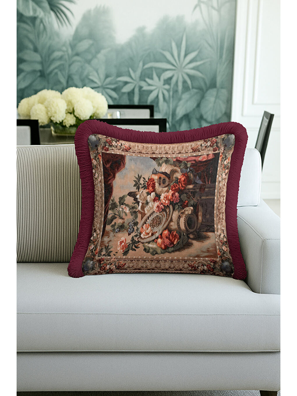 Karışık Barok Şıklık Saçaklı Yastık Kılıfı - Antik Vazo Klasik Bordo Püsküllü Kırlent Kılıfı-1