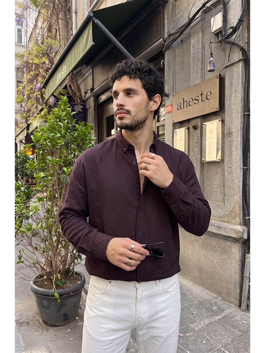 Mürdüm Napas Erkek Oversize Keten Görünümlü Gömlek-3