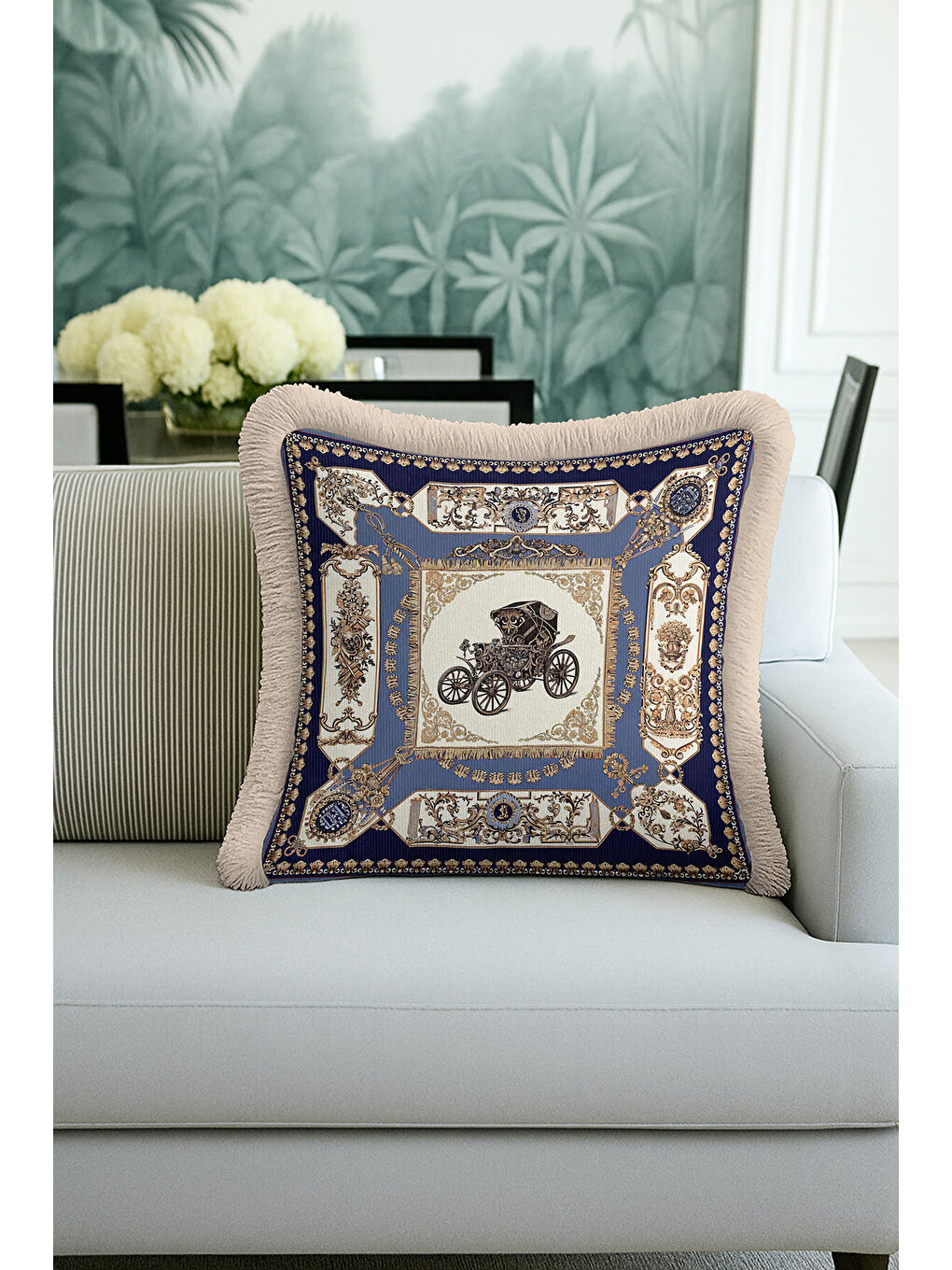 Karışık Barok Lüks Saçaklı Yastık Kılıfı - Vintage Arabalı Klasik Etnik Lacivert Püsküllü Kırlent Kılıfı-1
