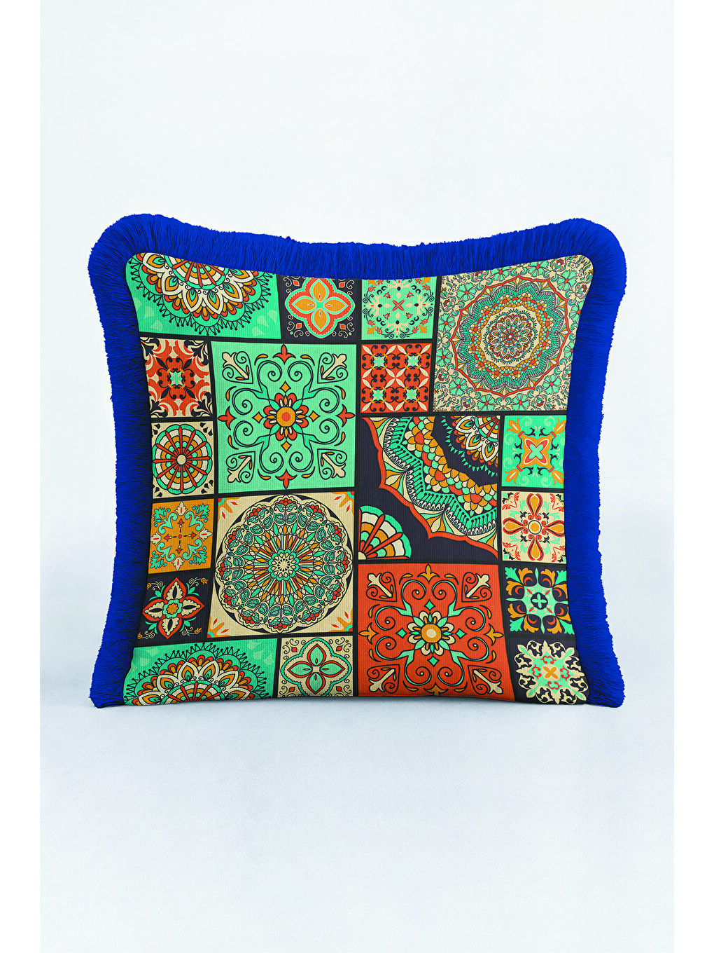 Karışık Ornamental Patchwork Saçaklı Yastık Kılıfı - Mandala Bohem Turkuaz Lacivert Püsküllü Kırlent Kılıfı