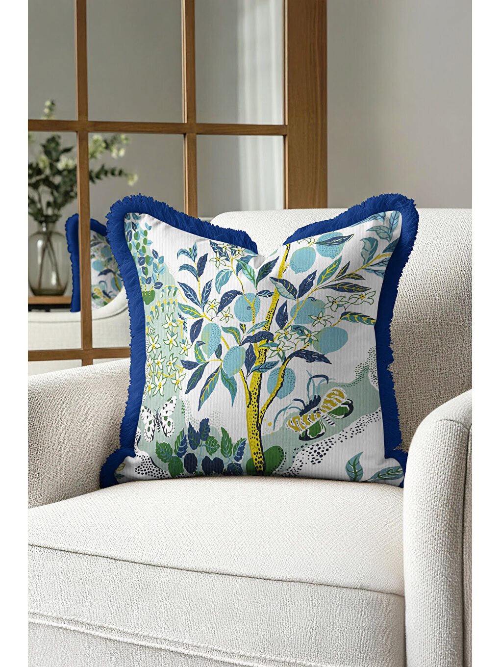 Karışık Botanik Orman Saçaklı Yastık Kılıfı - Doğal Bahçe Tropikal Bohem Mavi Sarı Püsküllü Kırlent Kılıfı-3
