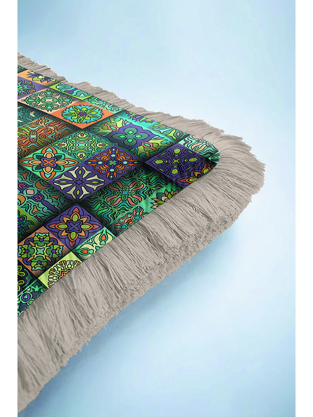 Karışık Etnik Motifli Saçaklı Yastık Kılıfı - Mozaik Bohem Yeşil Mavi Gri Püsküllü Kırlent Kılıfı-6