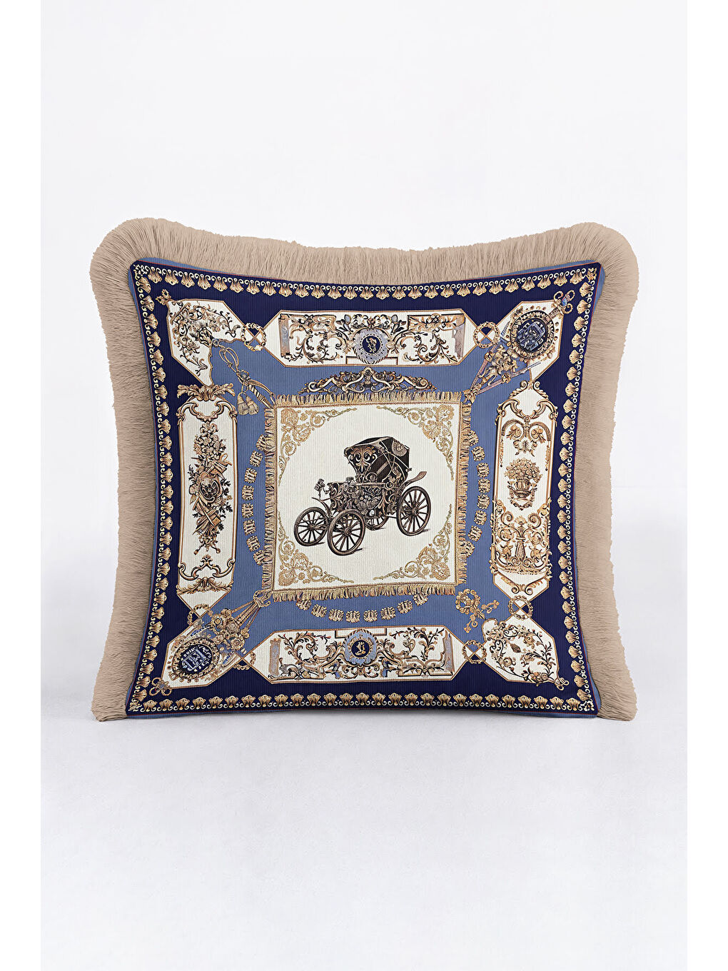 Karışık Barok Lüks Saçaklı Yastık Kılıfı - Vintage Arabalı Klasik Etnik Lacivert Püsküllü Kırlent Kılıfı-2