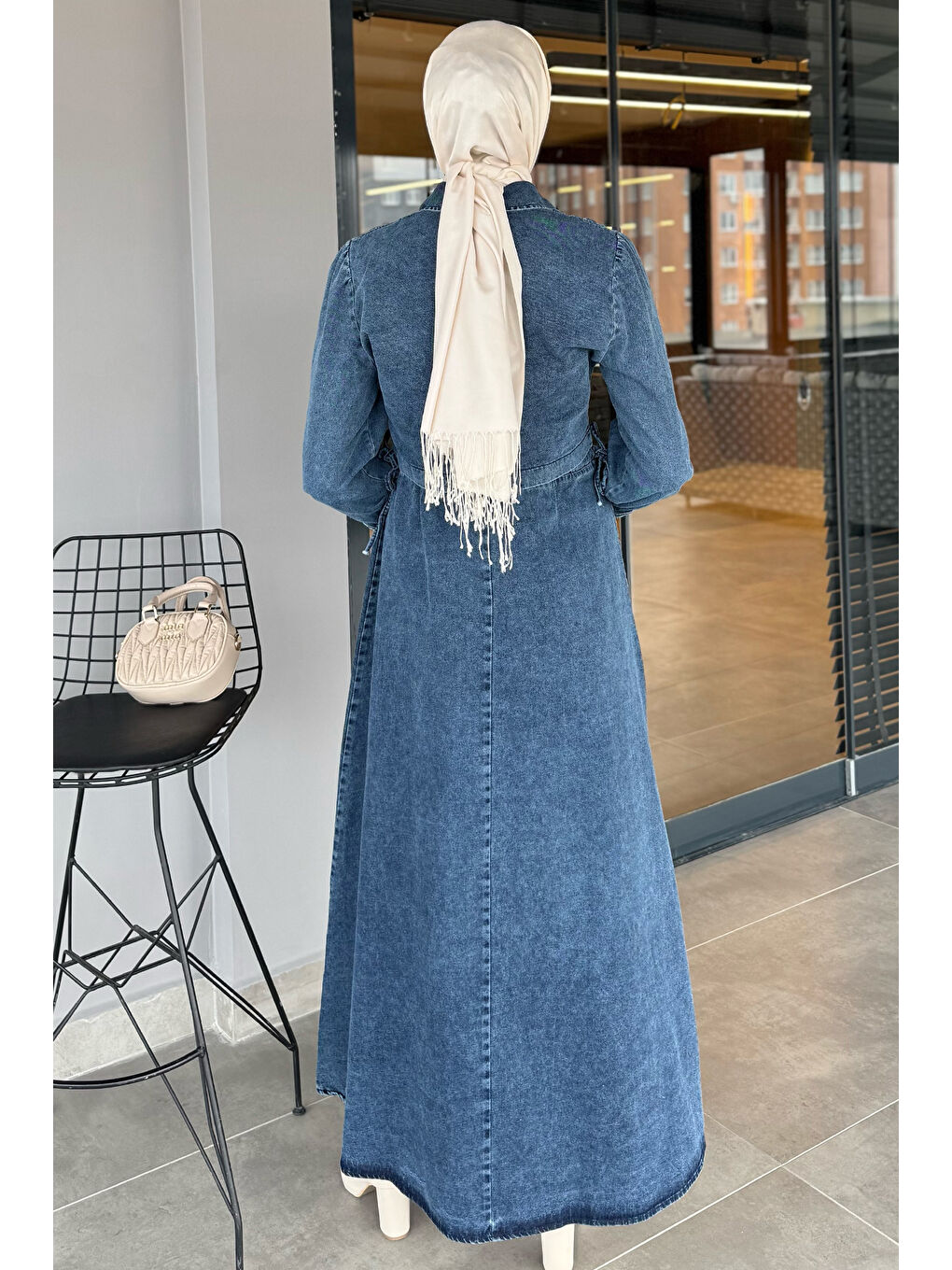 Mavi Bel Bağlama Jean Elbise Ceket Tesettür İkili Takım-7