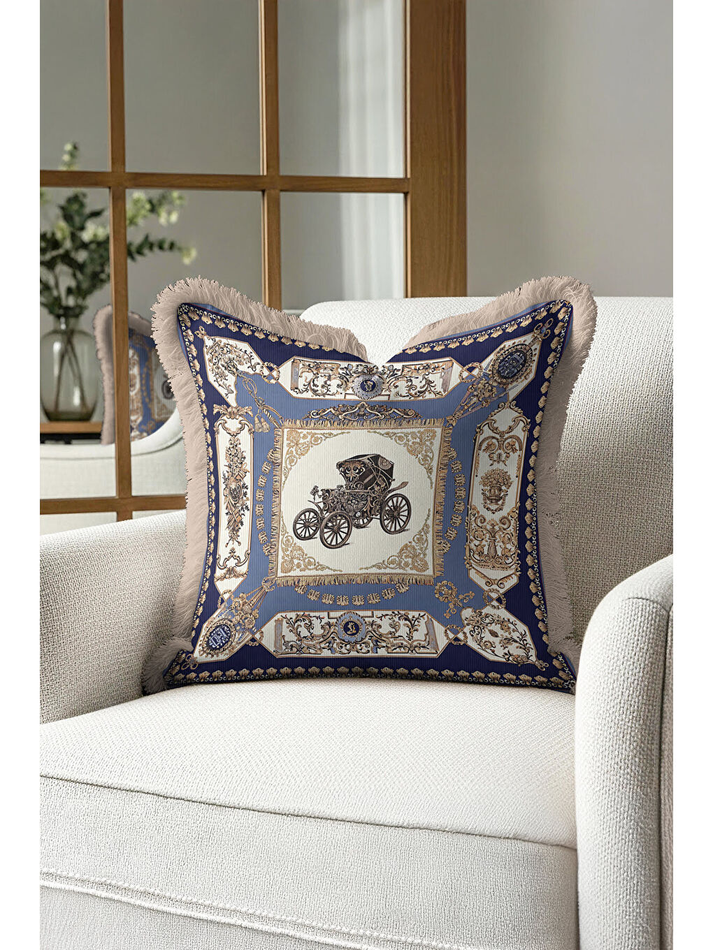 Karışık Barok Lüks Saçaklı Yastık Kılıfı - Vintage Arabalı Klasik Etnik Lacivert Püsküllü Kırlent Kılıfı-4