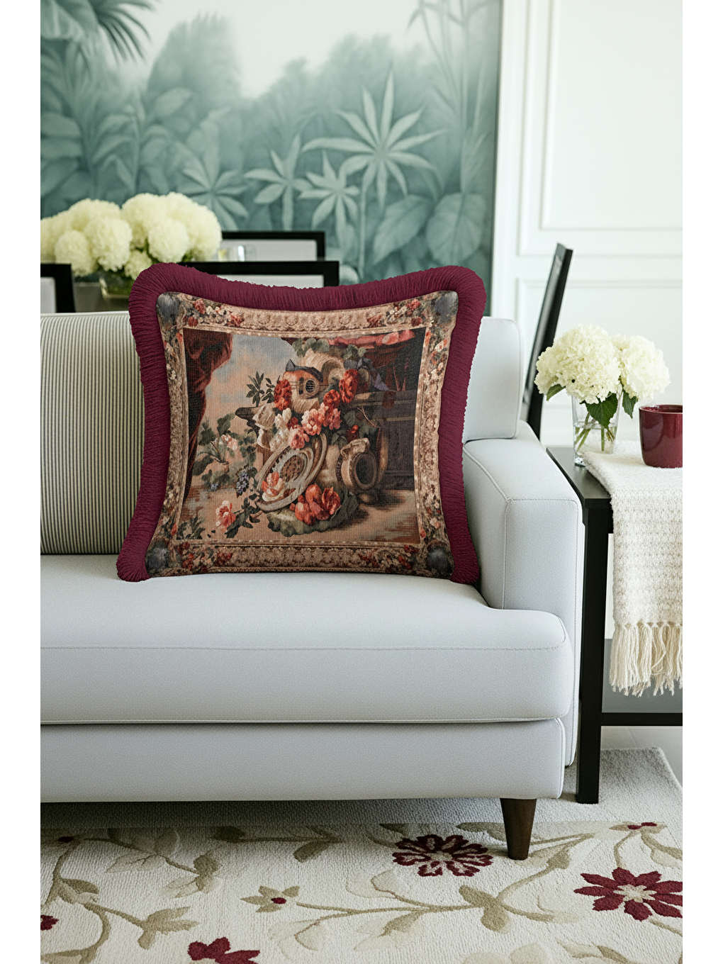 Karışık Barok Şıklık Saçaklı Yastık Kılıfı - Antik Vazo Klasik Bordo Püsküllü Kırlent Kılıfı-2