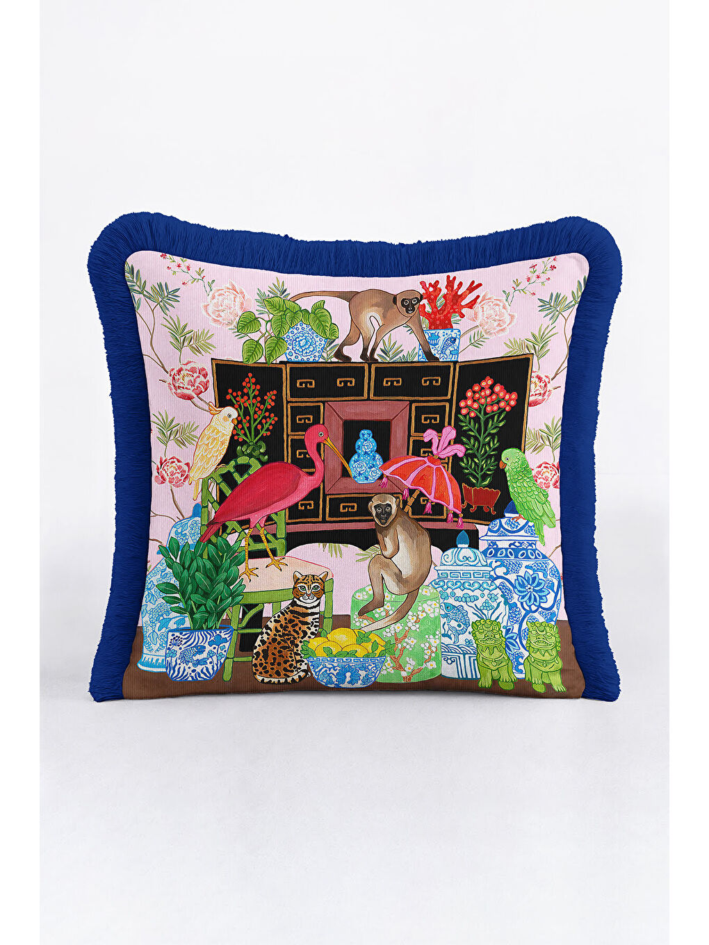 Karışık Lüks Egzotik Hayvanlar Saçaklı Yastık Kılıfı - Renkli Bahçesi Pembe Mavi Püsküllü Kırlent Kılıfı-1