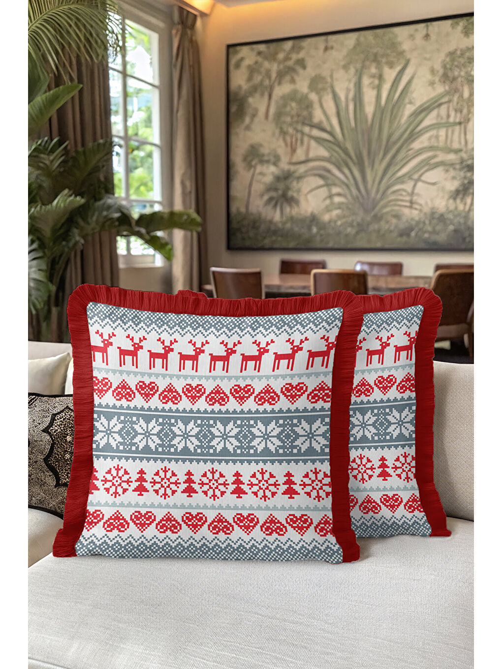 Karışık Nordik Geyik Figürlü Saçaklı Yastık Kılıfı - İsveç Kış Temalı Gri Kırmızı Püsküllü Kırlent Kılıfı-5