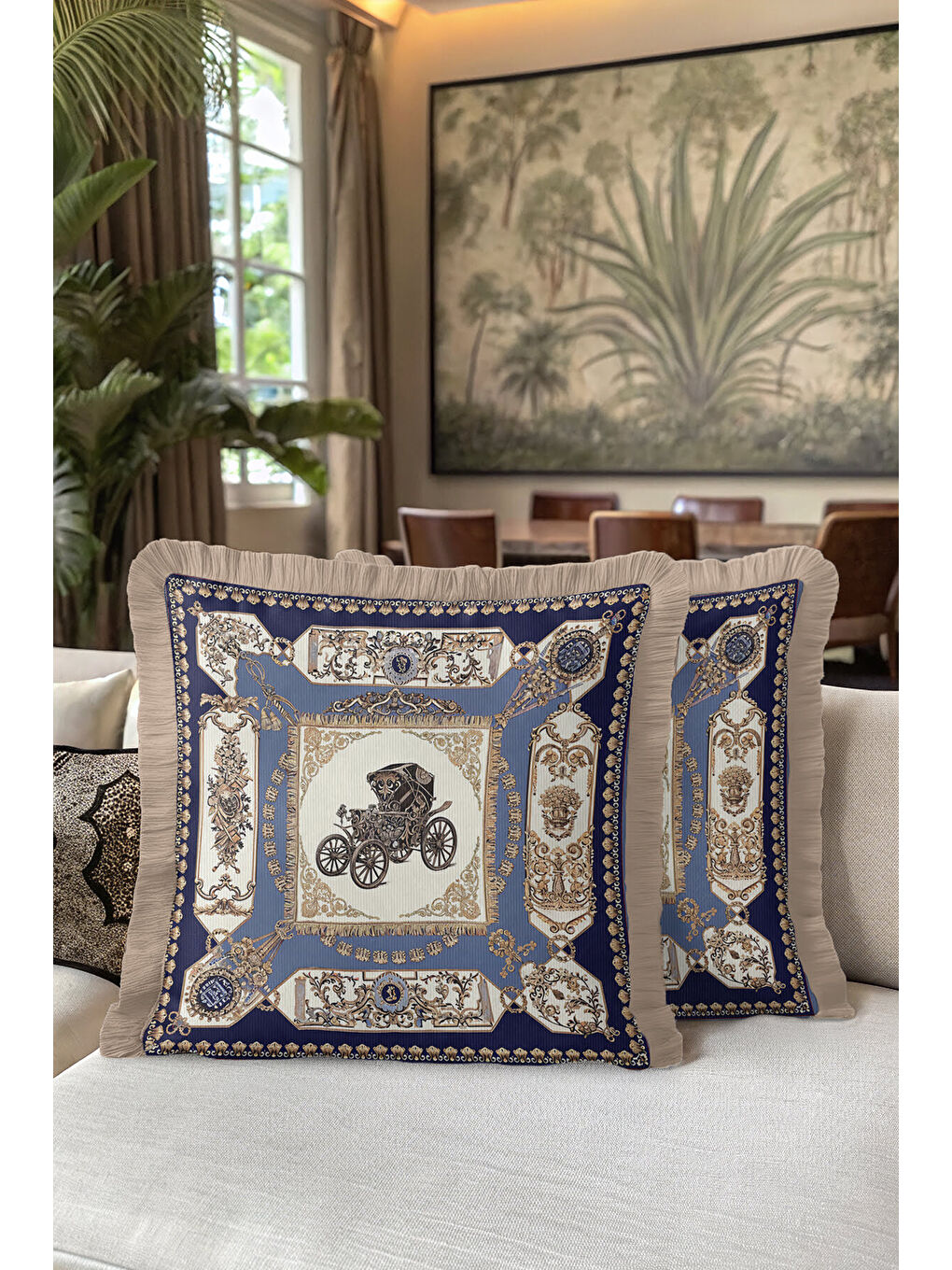 Karışık Barok Lüks Saçaklı Yastık Kılıfı - Vintage Arabalı Klasik Etnik Lacivert Püsküllü Kırlent Kılıfı-5