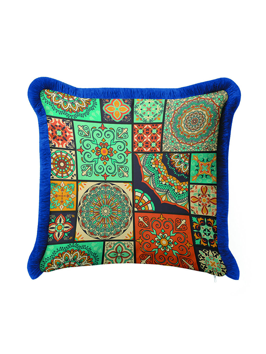 Karışık Ornamental Patchwork Saçaklı Yastık Kılıfı - Mandala Bohem Turkuaz Lacivert Püsküllü Kırlent Kılıfı-1