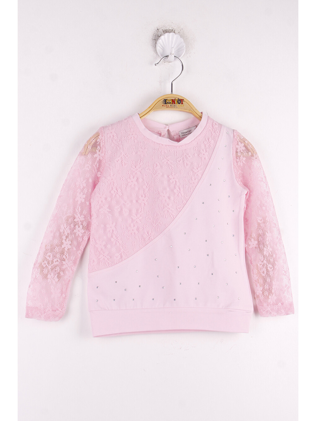 Pembe Kız Çocuk Kolları Dantelli Taş İşlemeli Tişört