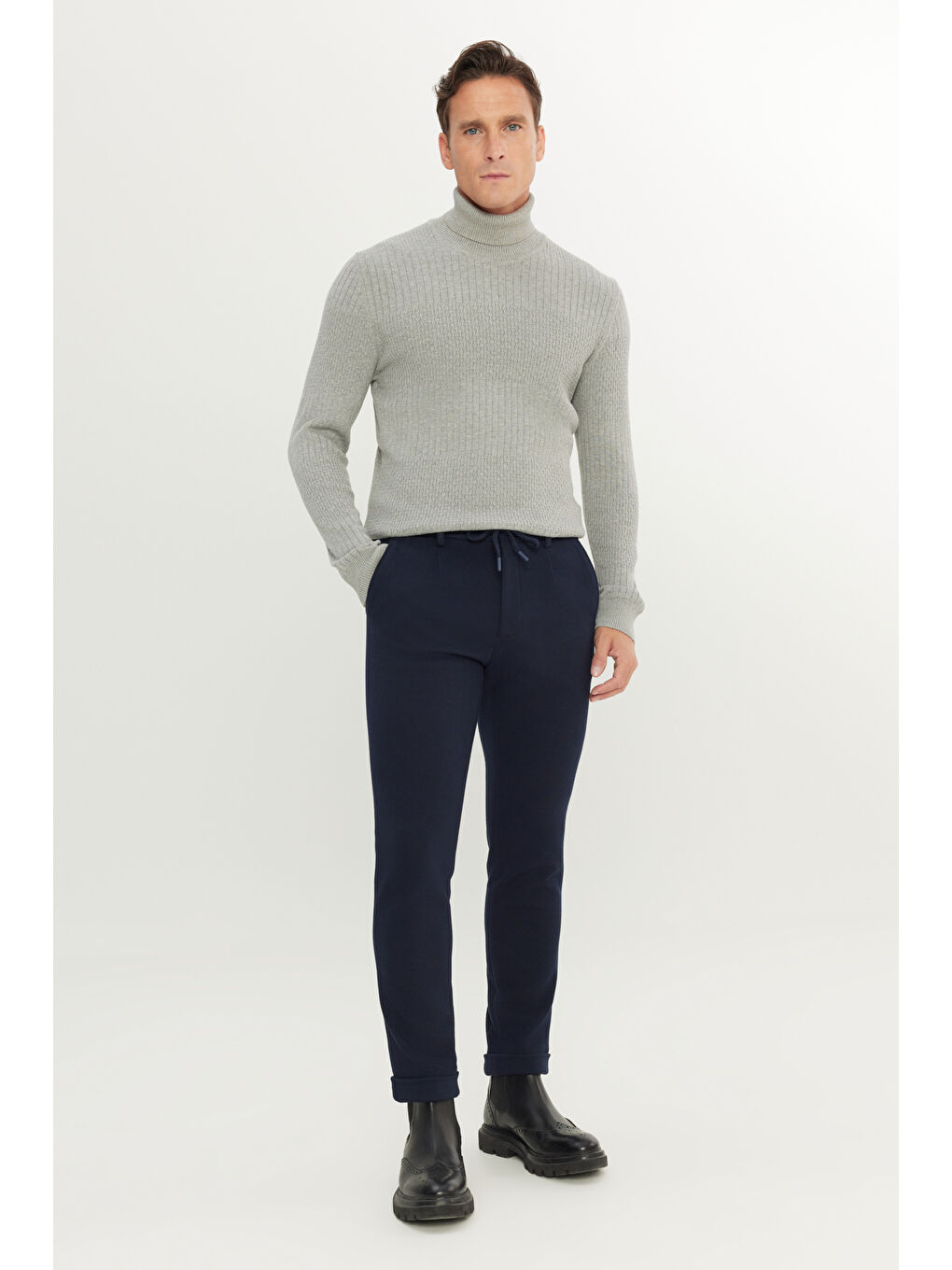 Erkek Lacivert Slim Fit Dar Kesim Beli Bağlamalı Yan Cep Esnek Casual Pantolon