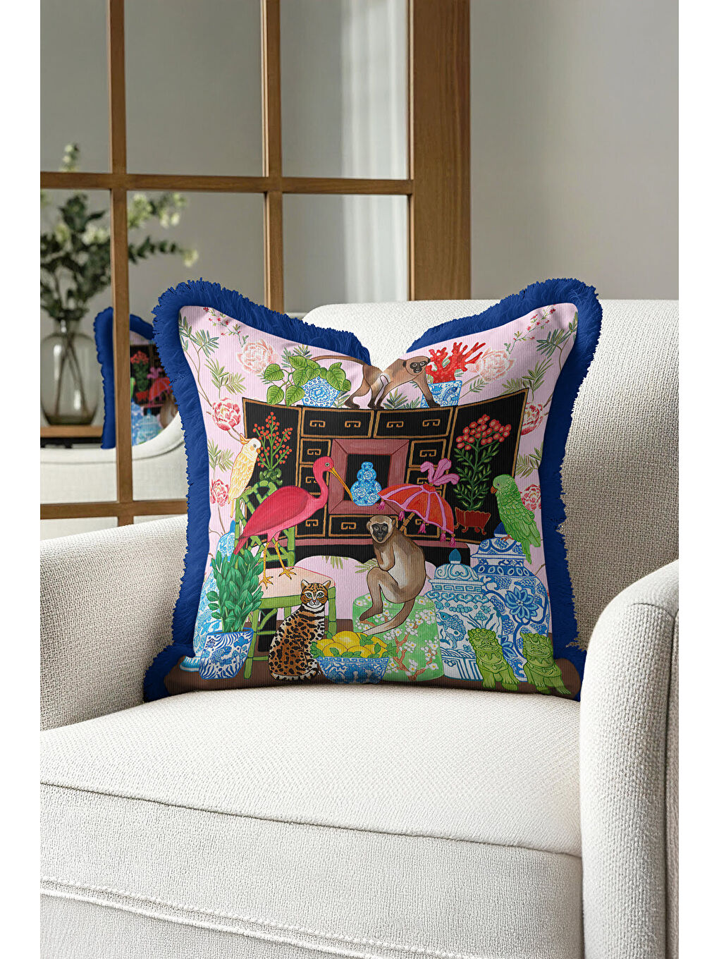 Karışık Lüks Egzotik Hayvanlar Saçaklı Yastık Kılıfı - Renkli Bahçesi Pembe Mavi Püsküllü Kırlent Kılıfı-2