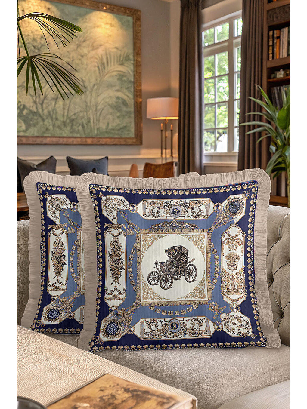 Karışık Barok Lüks Saçaklı Yastık Kılıfı - Vintage Arabalı Klasik Etnik Lacivert Püsküllü Kırlent Kılıfı-7