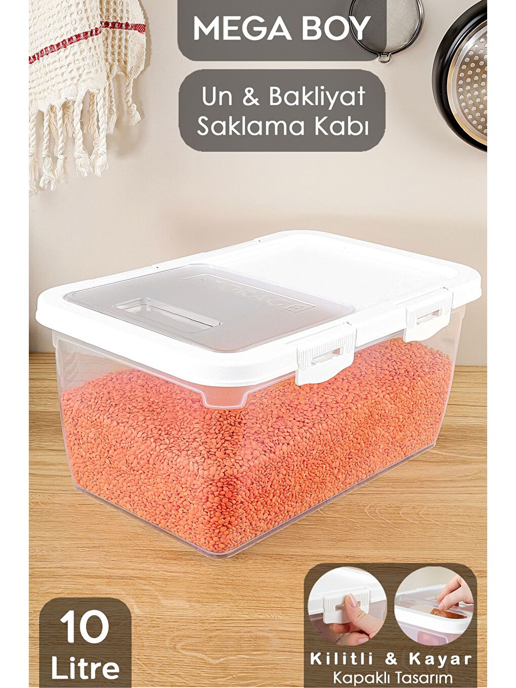 Kayar Kapaklı Bakliyat Saklama Kabı Beyaz 10 lt
