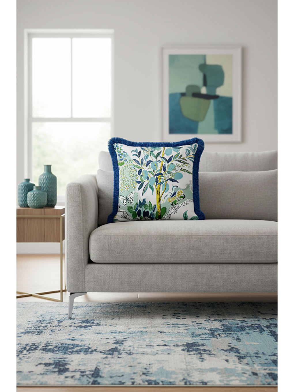 Karışık Botanik Orman Saçaklı Yastık Kılıfı - Doğal Bahçe Tropikal Bohem Mavi Sarı Püsküllü Kırlent Kılıfı-4