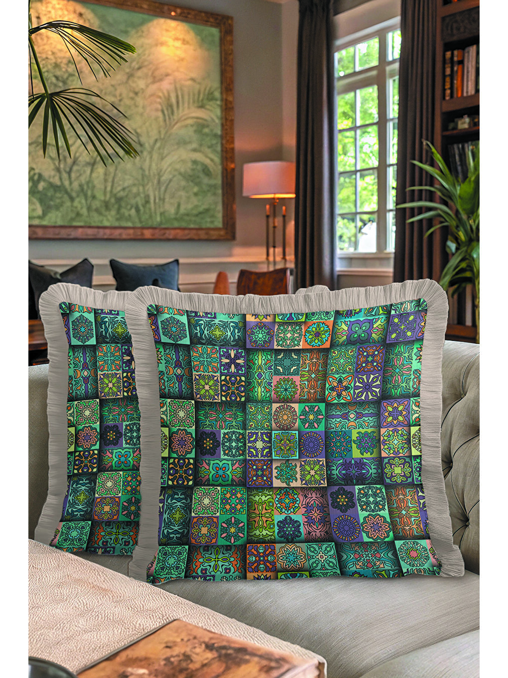 Karışık Etnik Motifli Saçaklı Yastık Kılıfı - Mozaik Bohem Yeşil Mavi Gri Püsküllü Kırlent Kılıfı-7