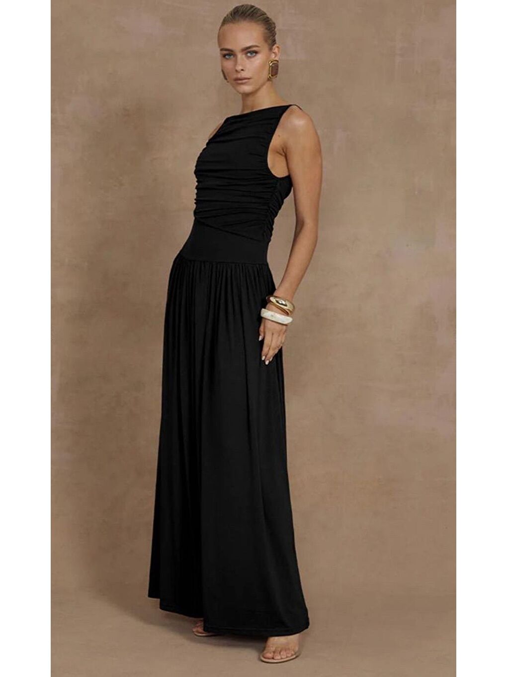 Siyah Önü Dökümlü Uzun Boy Kadın Elbise Mg2364-2