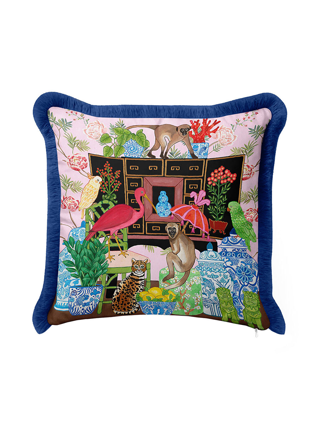 Karışık Lüks Egzotik Hayvanlar Saçaklı Yastık Kılıfı - Renkli Bahçesi Pembe Mavi Püsküllü Kırlent Kılıfı-3