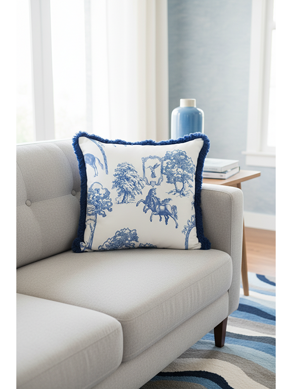 Karışık Klasik Fransız Stil Saçaklı Yastık Kılıfı - Vintage Country Mavi Naturel Püsküllü Kırlent Kılıfı