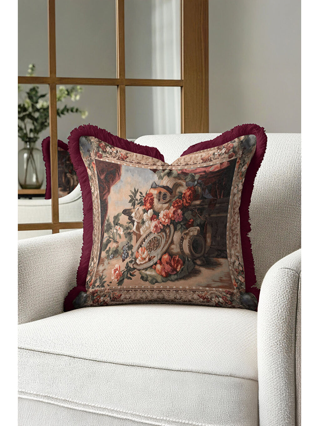 Karışık Barok Şıklık Saçaklı Yastık Kılıfı - Antik Vazo Klasik Bordo Püsküllü Kırlent Kılıfı-3