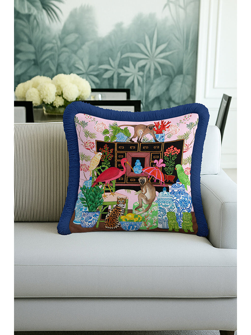 Karışık Lüks Egzotik Hayvanlar Saçaklı Yastık Kılıfı - Renkli Bahçesi Pembe Mavi Püsküllü Kırlent Kılıfı-4