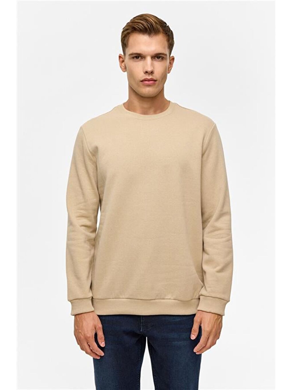 Bej Regular Düz Bisiklet Yaka Sweatshirt