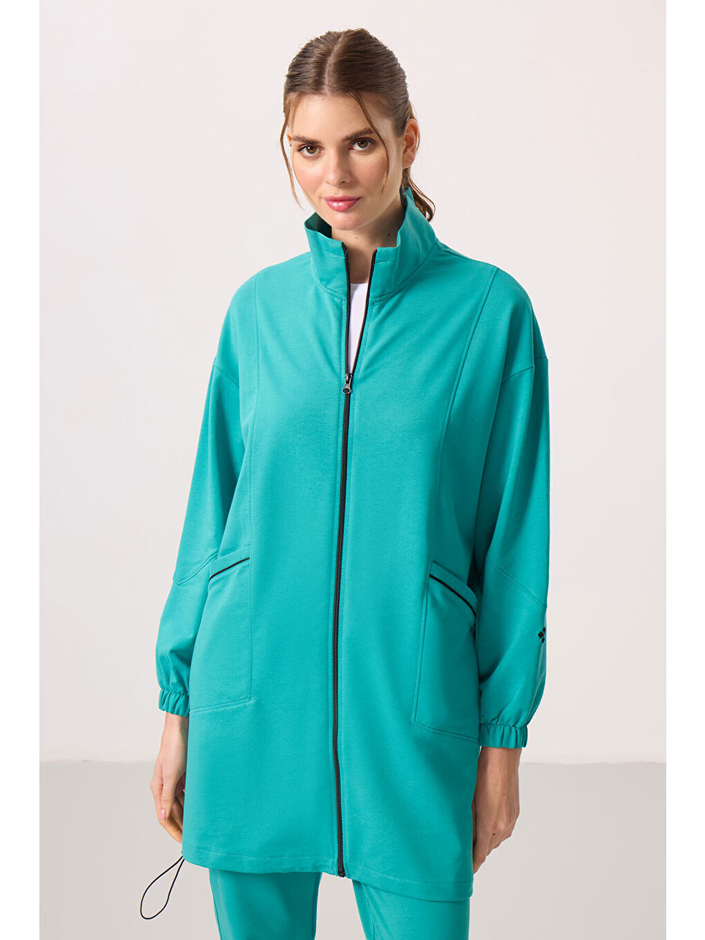 TOMMYLIFE Deniz Yeşil Dik Yaka Fermuarlı Rahat Form Kadın Eşofman Tunik Takım - 95345 - 1