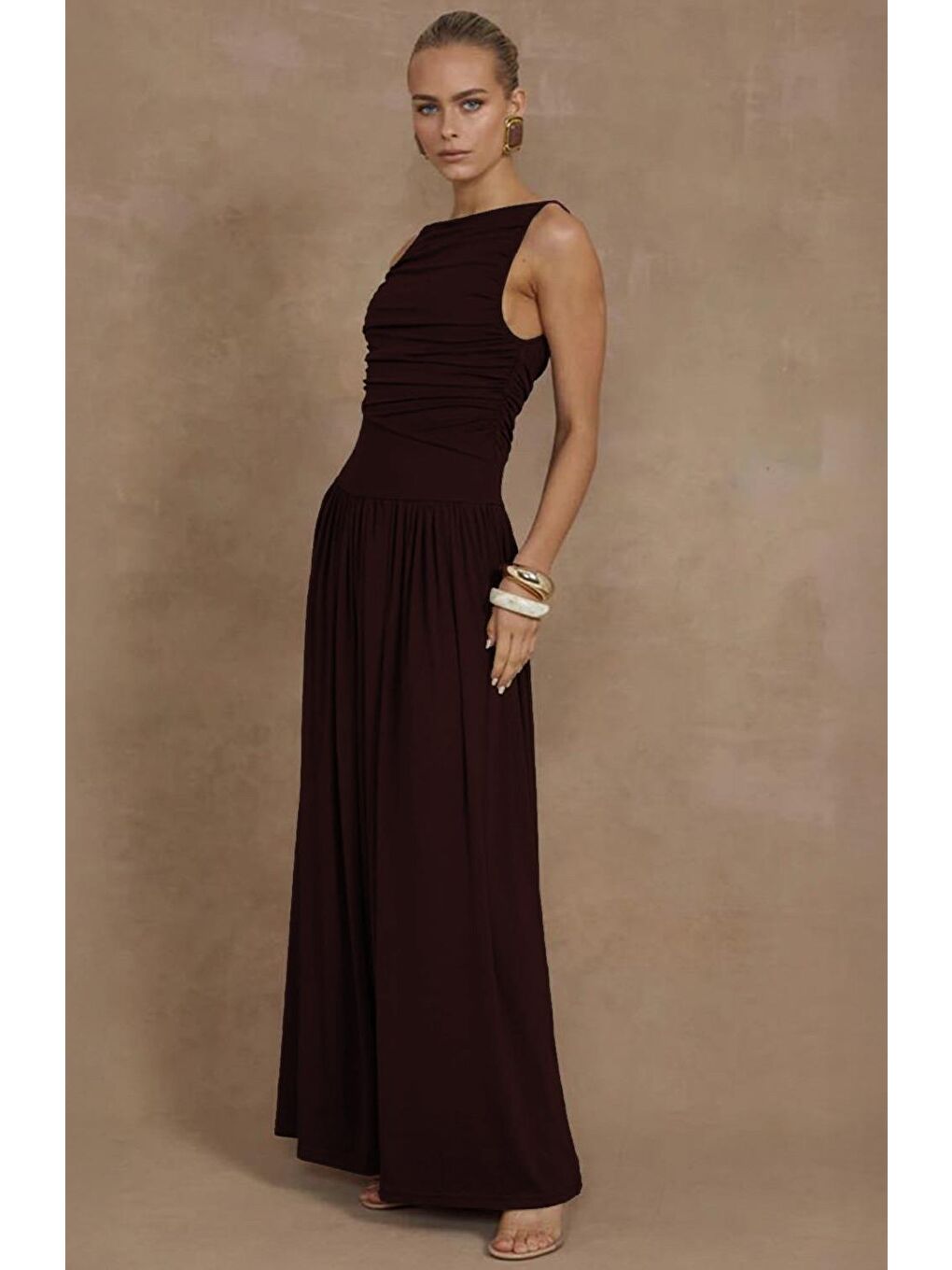 Kahverengi Önü Dökümlü Uzun Boy Kadın Elbise Mg2364-2