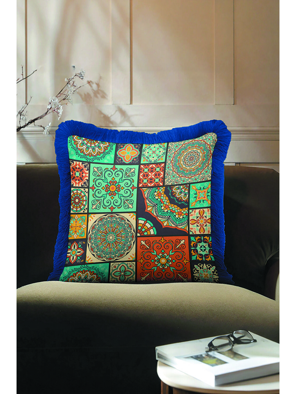 Karışık Ornamental Patchwork Saçaklı Yastık Kılıfı - Mandala Bohem Turkuaz Lacivert Püsküllü Kırlent Kılıfı-2
