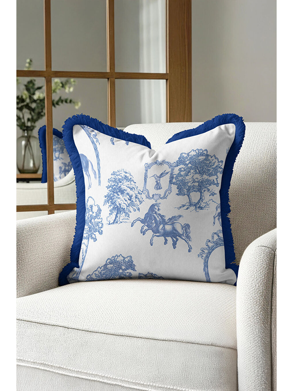 Karışık Klasik Fransız Stil Saçaklı Yastık Kılıfı - Vintage Country Mavi Naturel Püsküllü Kırlent Kılıfı-1