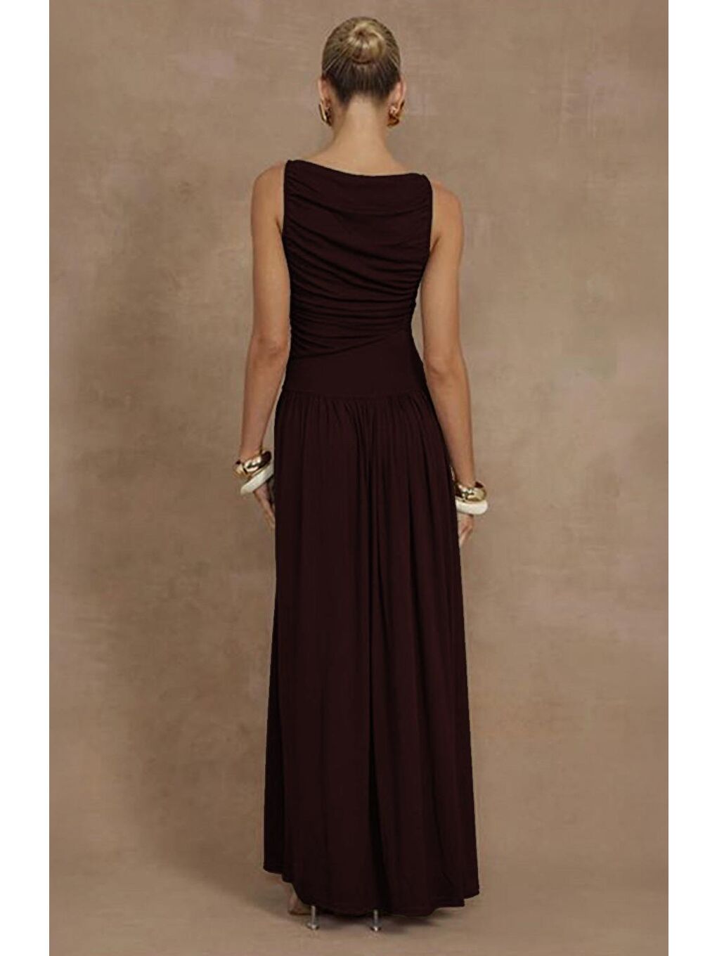 Kahverengi Önü Dökümlü Uzun Boy Kadın Elbise Mg2364-4