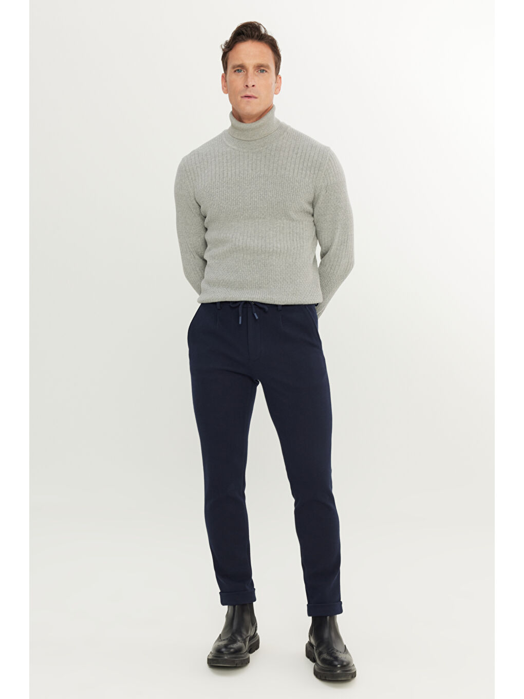 Erkek Lacivert Slim Fit Dar Kesim Beli Bağlamalı Yan Cep Esnek Casual Pantolon-1