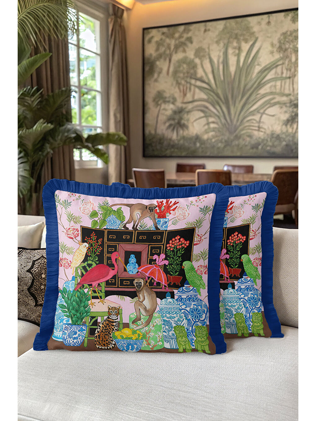 Karışık Lüks Egzotik Hayvanlar Saçaklı Yastık Kılıfı - Renkli Bahçesi Pembe Mavi Püsküllü Kırlent Kılıfı-5