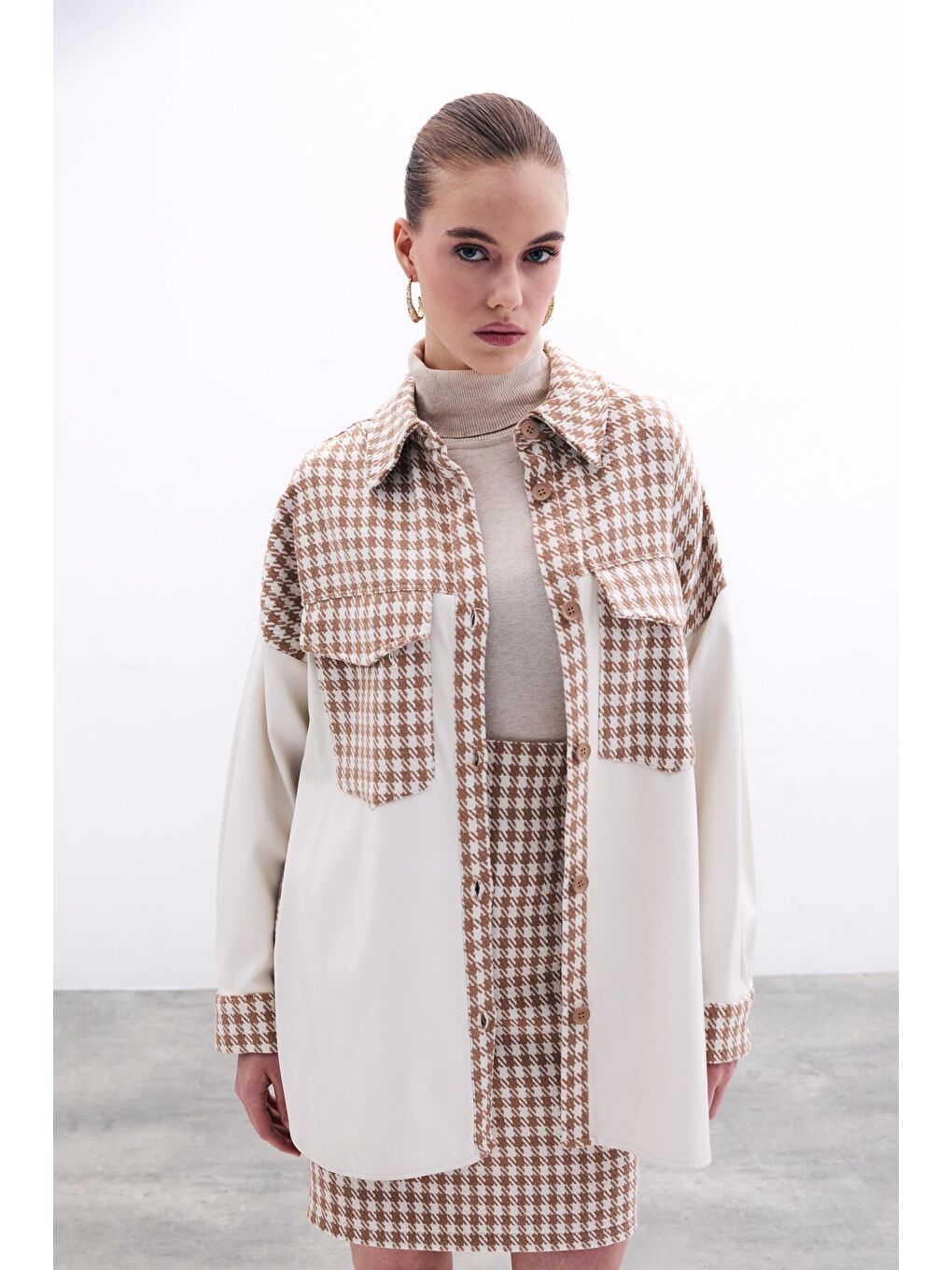 Deri Detaylı Gömlek Ceket - Ekru-Camel-1