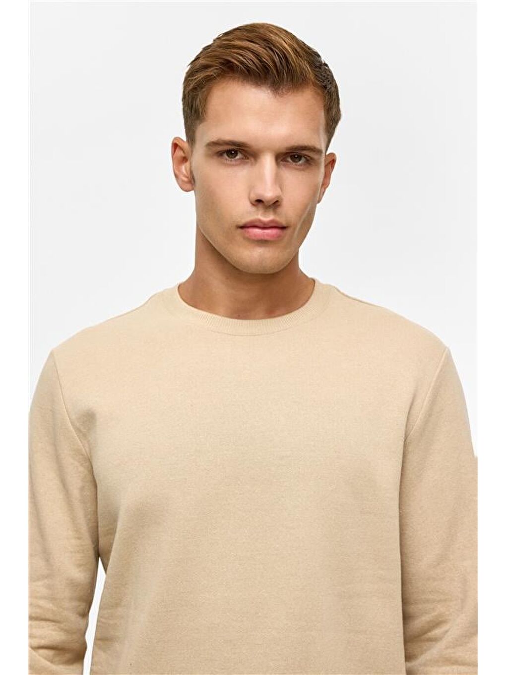 Bej Regular Düz Bisiklet Yaka Sweatshirt-1